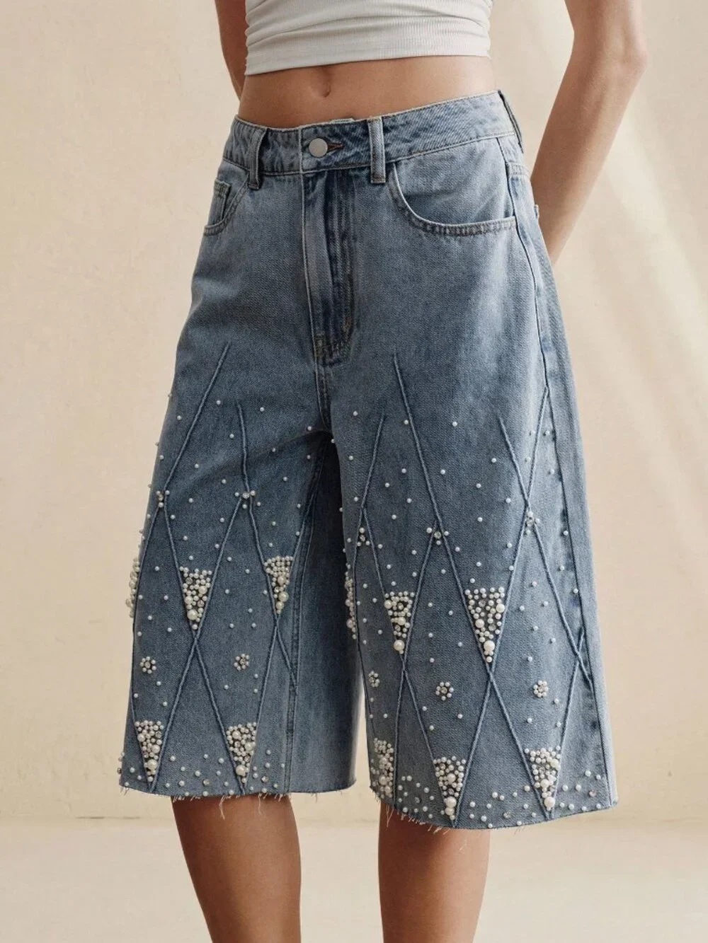 Blue Party Women's Embellished Pearl Decor Straight Leg Jeans
